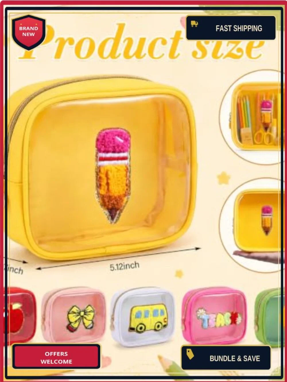 6 Clear Pencil Bags Embroidered PVC Zipper Cosmetic Pouches Back to School Set